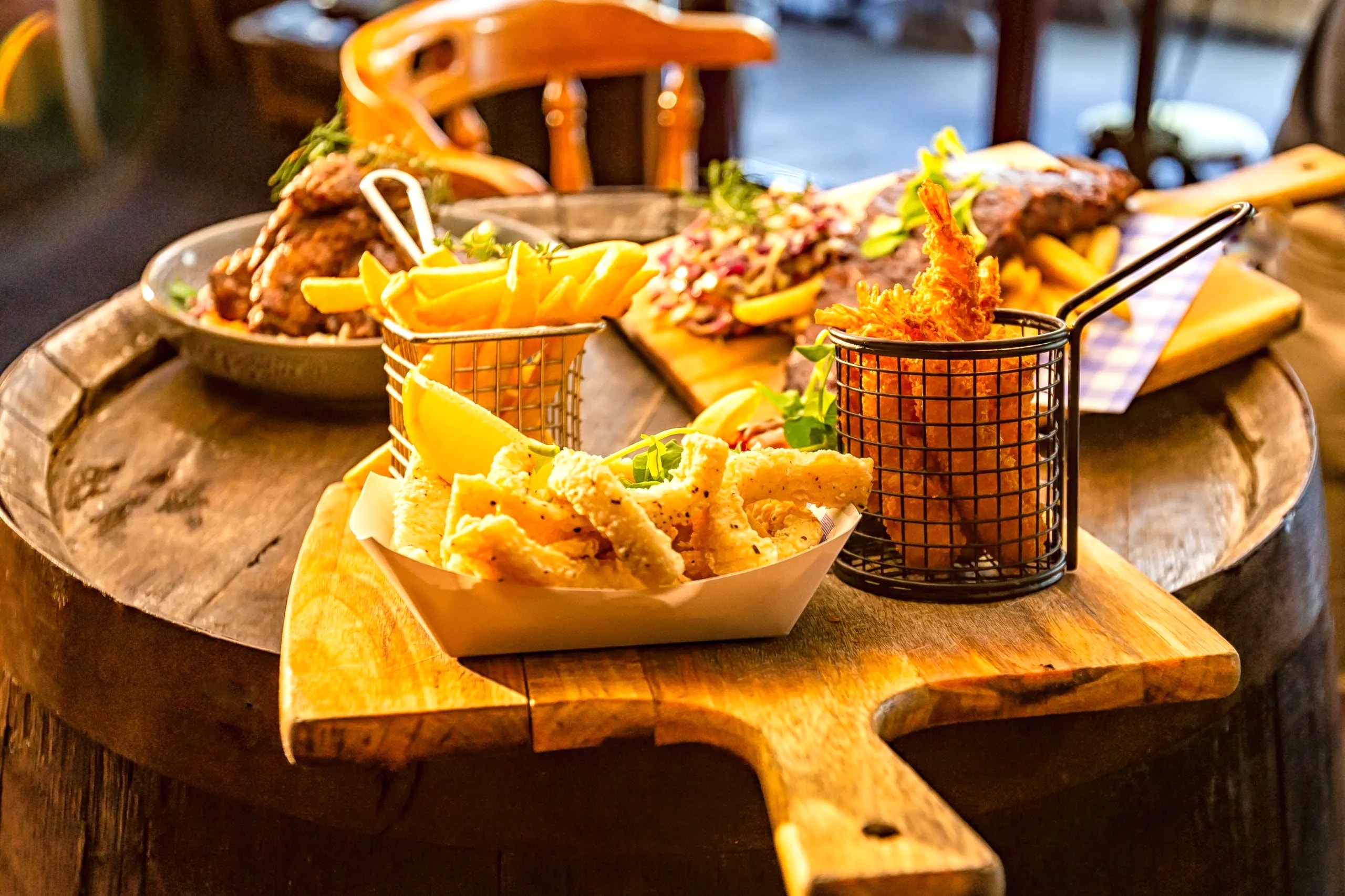 Bar and pub food — wings, nachos, burgers, and appetizers