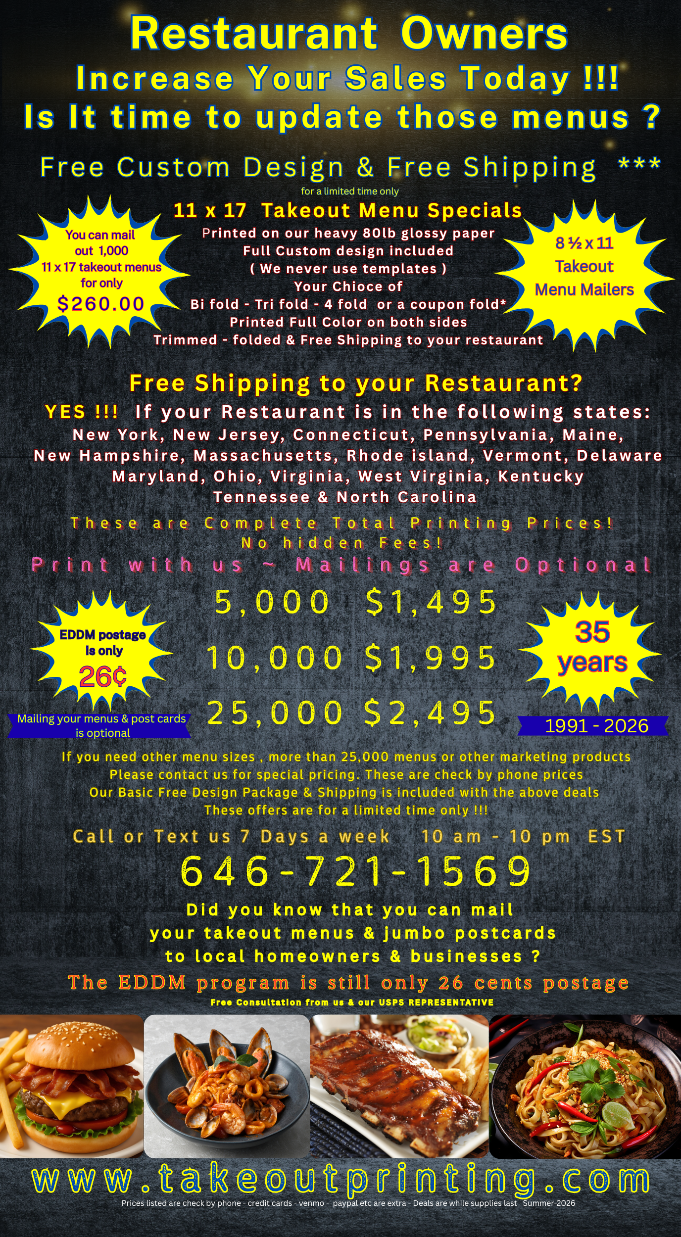 Current takeout menu printing specials — 1,000 menus from $260, free design and free shipping